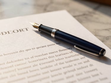 Close-up of a fountain pen resting on a crisp legal contract, warm morning light, marble table background, professional architectural feel