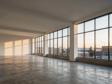 Bright airy minimalist commercial office space interior, concrete floors, high ceilings, natural light streaming through steel-frame windows