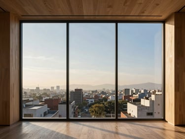 Minimalist penthouse interior in CDMX, floor-to-ceiling windows, natural oak wood details, soft morning light