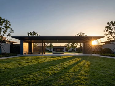 Editorial architectural photography of a premium residential land development at sunset, manicured green lawns, modern minimalist pavilion, golden hour light, sharp focus, 35mm.