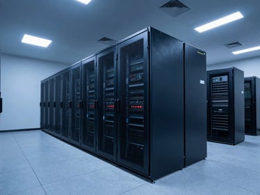 Wide-angle architectural view of a high-tech enterprise data center interior, cool blue-hour daylight, deep navy and slate tones, sharp clean shadows, 35mm