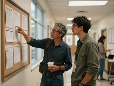 Close environmental portrait, two people standing near a community bulletin board in a resource center hallway, one pointing at a posted notice, warm fluorescent-and-window mixed light, relaxed posture, a third person visible blurred in the background, real-world institutional space with character