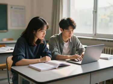 Wide environmental shot of a small classroom setting, two people working side by side at a table with open books and a laptop, afternoon light coming through a window. Relaxed, collaborative atmosphere. Medium framing showing both participants and their shared workspace.