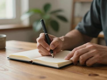 Close-up of hands writing in a notebook on a wooden desk, a plant visible in soft focus in the background. Warm natural window light from the left. Intimate medium-close framing suggesting focused personal work.