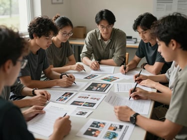 Wide environmental shot of a small group workshop, participants seated around a table reviewing printed materials together, natural daylight from a side window, warm muted tones, focus on engaged hands and papers rather than faces