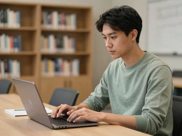 Medium shot, adult learner seated at a community resource center table, hands resting on a laptop keyboard, warm available indoor light, bookshelves softly out of focus in the background, muted sage and gray tones