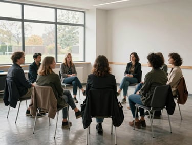 Wide environmental shot, six to eight adults in a circle of chairs in a bright community room, one person speaking while others listen, natural daylight from tall windows, casual and unhurried atmosphere, coats and bags on chair backs suggesting people arrived from real daily lives