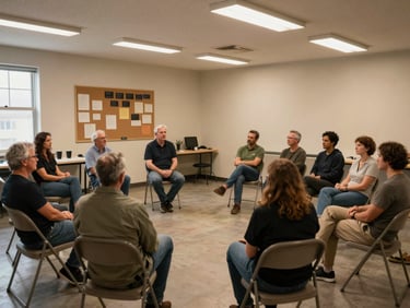 Community room gathering, a small group of adults seated in a loose circle, one person speaking and others listening attentively. Warm available light from overhead fixtures and a side window. Wide framing showing the room context — folding chairs, a notice board on the wall, a shared table with cups.