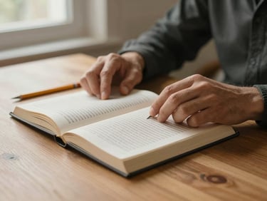 Close-up medium shot, adult hands tracing a line of text in an open book on a wooden desk, warm north-facing window light, pencil resting nearby, clean and unhurried composition, muted warm tones