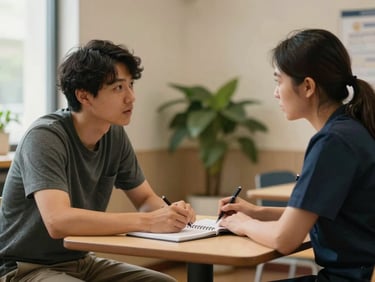 Medium shot, a person seated across a small table from a support worker in a quiet resource center room, warm available light from a side window, both leaning slightly forward in attentive conversation, hands resting on a shared notebook, plain walls with a potted plant in soft background focus