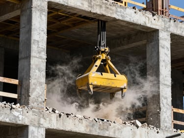 Safe demolition of a concrete structure, dust rising, yellow machinery claw visible, high-contrast industrial style