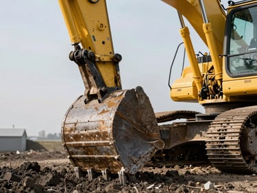 Close-up of a yellow excavator bucket teeth biting into dark soil, high-contrast construction photography, 35mm