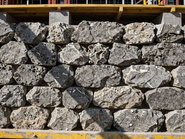 Close-up of a perfectly constructed traditional stone wall made of heavy grey rocks, strong shadows, harsh sunlight, construction site environment