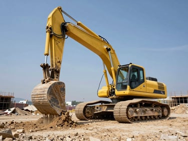 Low-angle dramatic shot of a heavy yellow excavator lifting earth on a dusty construction site in Yalova, harsh midday sun, high contrast, industrial construction photography, 35mm