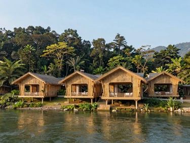 Wide-angle environmental shot of a luxury eco-resort pavilion built entirely from treated structural bamboo, overlooking a calm river at sunrise, crisp corporate photography