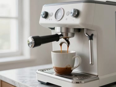 Close-up of a sleek modern espresso machine pouring rich coffee into a ceramic mug on a clean marble counter, soft window light.