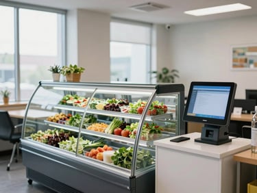 A beautifully organized micro-market in a corporate office, featuring glass-front coolers with fresh salads and a modern touch-screen payment terminal.