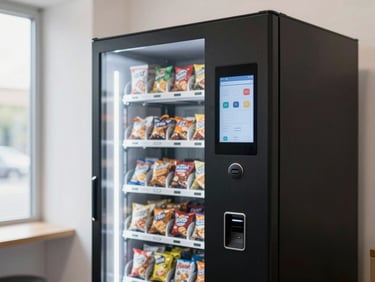 A sleek, modern black vending machine with a digital touch screen and cashless tap payment, perfectly stocked with premium snacks.