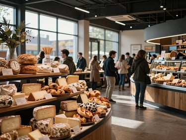 A vibrant, bustling modern food hall, soft natural light streaming through high windows, artisanal cheese and bread displays in the foreground.