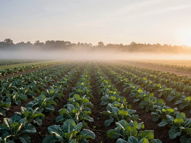 Wide landscape photograph of an organic farm in Maine at sunrise, low morning mist over neat rows of heirloom greens, soft directional golden light, quiet and spacious composition.
