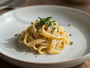 Extreme macro shot of a hand-made pasta dish with fresh herbs, natural window light casting soft shadows on a ceramic plate.