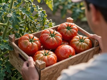Over-the-shoulder shot of a farmer holding a crate of heirloom tomatoes under early morning sun, dew visible on the leaves.