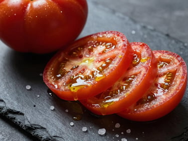 Extreme macro shot of vibrant red heirloom tomatoes sliced on a dark slate board, glistening with olive oil and coarse sea salt under natural daylight