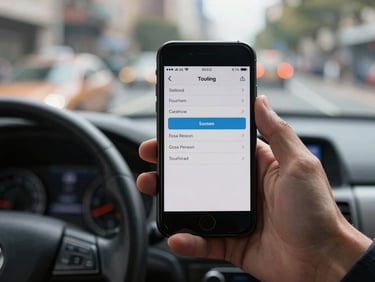 Macro shot of a hand holding a phone showing a booking confirmation screen inside a taxi, dashboard and blurred city street visible through windshield, natural ambient light