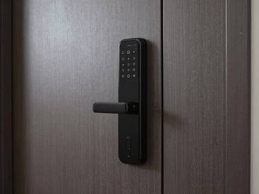 Modern electronic smart lock installed on a sleek dark wooden door, sharp focus, professional property management