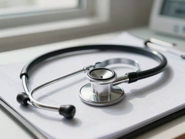 A close-up of a stethoscope resting on clinical charts, bright natural daylight streaming through a modern clinic window, neutral tones.