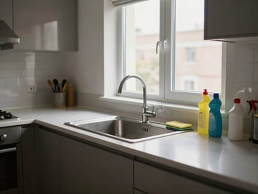 Wide shot of a clean apartment kitchen, countertops wiped down, daylight from a window above the sink, cleaning supplies set neatly to one side