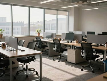 Empty open-plan office being cleaned, desks wiped and chairs pushed in, morning light from floor-to-ceiling windows, mop bucket visible at the far edge