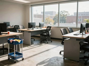 Wide environmental shot of a small Atlanta office space mid-clean, desk surfaces being wiped, morning window light, cleaning caddy on the floor in the foreground, no people at desks