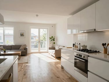 Wide shot of a clean modern apartment kitchen and open-plan living area, natural daylight from large windows, surfaces wiped down, no clutter, documentary style