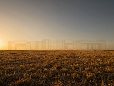 Wide panoramic shot of a pristine, undeveloped land lot at golden hour, low horizon, with subtle architectural rendering overlay, high-contrast rich tones.