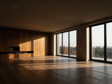 Interior architectural detail of a high-end, minimalist apartment living room, dramatic natural light, high-contrast rich tones, wide-angle lens.