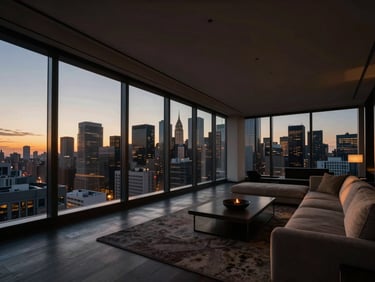 Dramatic wide-angle interior shot of a penthouse living room, floor-to-ceiling windows, city skyline at night, high-contrast, editorial.