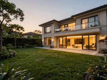 Lush private garden patio of a luxury duplex, architectural lighting, golden hour, wide-angle, high-contrast.
