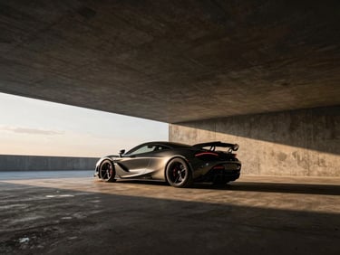 Dynamic low-angle shot of a high-performance sports car, dark metallic finish, parked in a minimalist concrete garage, dramatic lighting, wide-angle lens.