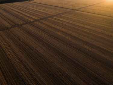 Wide-angle aerial view of a pristine, undeveloped land lot at golden hour, with clear boundaries and natural textures, high-contrast rich tones.