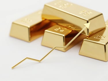 A clean digital interface showing a rising gold price chart with smooth lines, soft focus on high-purity gold bars in the background, bright studio lighting, 85mm