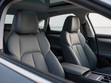 Close-up of a pristine, modern dark executive sedan's interior, focusing on the comfortable leather passenger seats and clean slate gray cabin, soft overcast daylight.