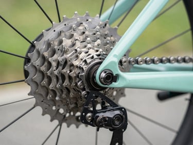 Macro shot of a clean, high-end bicycle chain and metallic cassette gear, technical precision, bright natural daylight, soft green and gray tones, crisp details, 35mm lens.