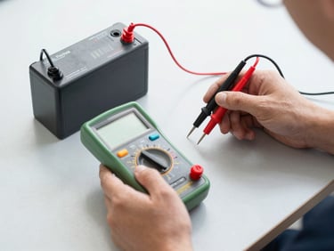 Technician measuring a lithium-ion e-bike battery with a digital multimeter on a clean gray workspace, focus on the probe tips and digital screen