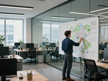Wide environmental shot of a modern structured workspace, focused professional mapping workflows on a glass wall, sharp cool daylight.