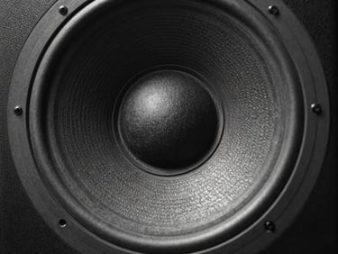 Close-up of a massive analog sound system speaker cone, high contrast black-and-white, raw texture