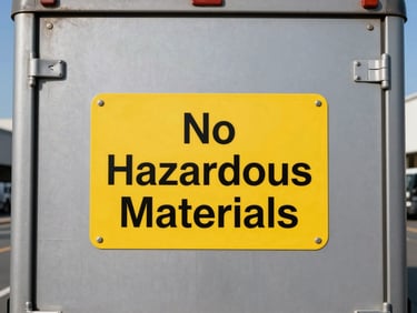Close-up of a 'No Hazardous Materials' warning sign on a cargo truck door, clear morning daylight, urban setting, eye-level.