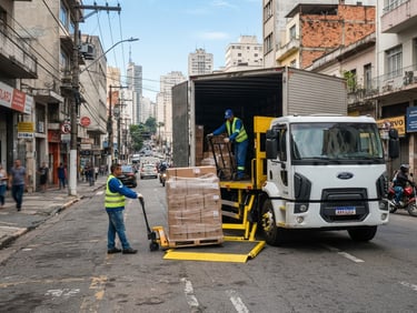 Medium-duty cargo truck loading secured palletized goods on a Sao Paulo street, clear morning daylight, eye-level, industrial documentary photography, safety yellow accents.