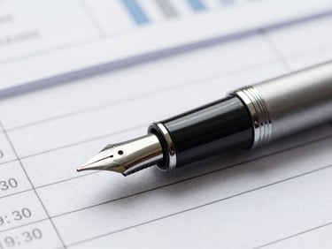 Macro close-up of a fountain pen resting on a flawlessly organized financial ledger, sharp studio lighting, cool silver and deep black tones