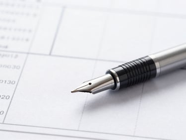 Sharp corporate macro photography of a steel pen resting on a clean, printed tax ledger, bright overcast daylight, cool silver tones.